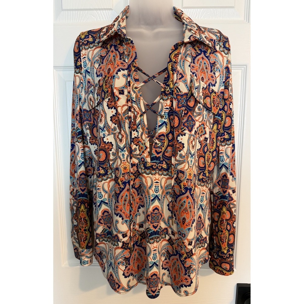 BCBGMAXAZRIA Paisley Lace Up Front Boho Blouse Womens S Peasant Festival Top Y2K